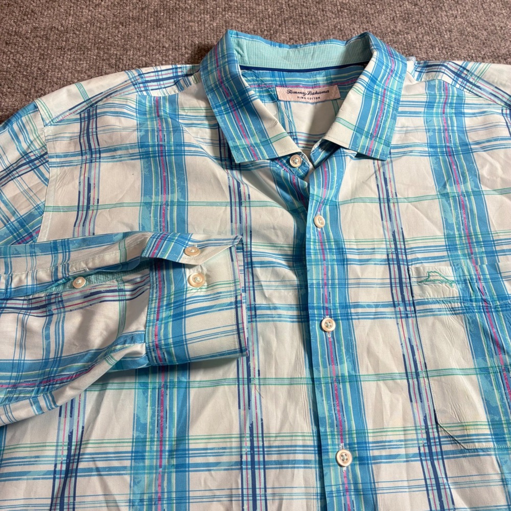 Tommy Bahama Plaid Button Down Mens‎ XXL Turquoise Pima Cotton Excellent Marlin